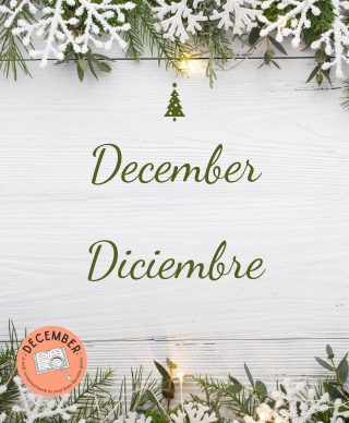 The edges of evergreen branches and plastic snowflakes with the words December/Diciembre in the middle