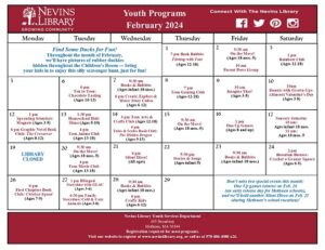 Screencap of February 2024 Youth Programs Calendar