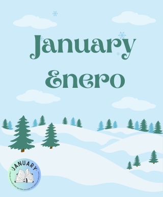 The words January and Enero above a snow covered hill with evergreen trees scattered on it