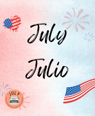 A flag in the shape of a heart and a blowing flag surrounding the words July and Julio
