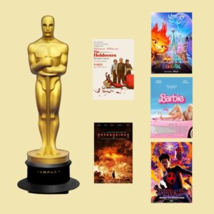 Oscar Statue to the left of five movie posters