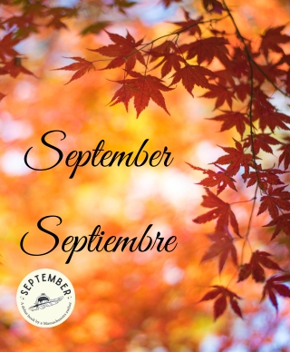 Various shades of orange leaves with the words September and Septiembre over them