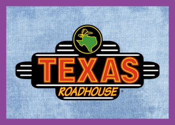 Texas Roadhouse logo on a blue denim background with a purple border around it