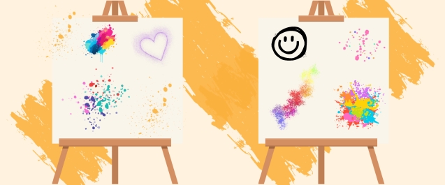 Two easels with paint splatter a heart and a smiley face on them