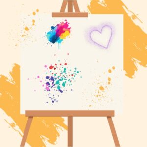 Two easels with paint splatter a heart and a smiley face on them