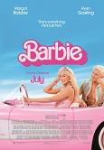 Barbie movie poster with blonde Barbie and blond Ken in a pink convertible