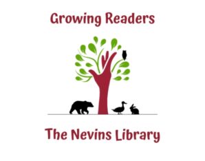 Nevins Library logo with owl in green leaves and bear duck and rabbit below