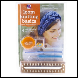 Loom knitting basics box with a light skinned woman in a woven blue headband on it