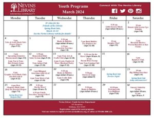 Screencap of March 2024 Youth Programs Calendar