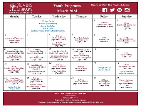Screencap of March 2024 Youth Programs Calendar
