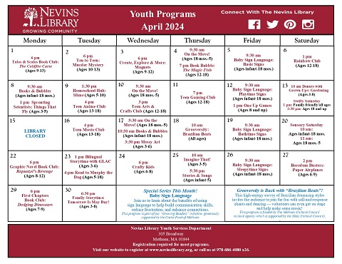 Screencap of April 2024 Youth Programs Calendar