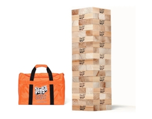 Large tower of jenga blocks next to orange jenga bag