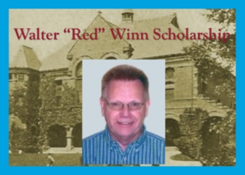Red Winn picture in center of foreground with sepia toned old picture of Nevins library in background and words walter red winn scholarship above