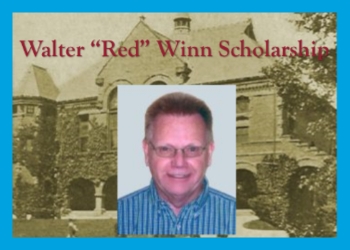 Picture of Red Winn overlayed over an old time picture of the Nevins Library with the words Walter "Red" Winn Scholarship above it