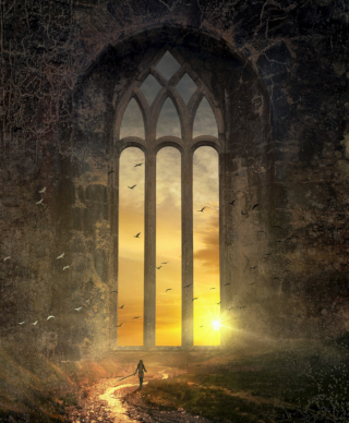 Towering arched window with a person walking towards it and the sun setting through it