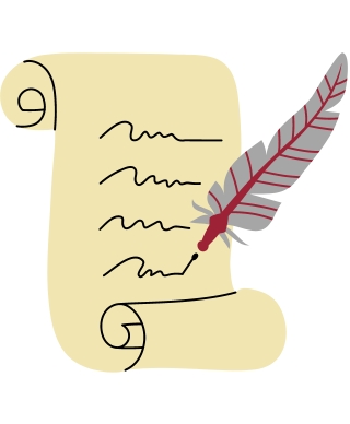 Beige scroll being written on by a red and grey feather pen