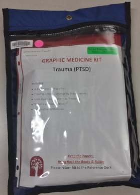 Blue bag with a clear front which a list of books in the Trauma kit shows through