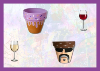 Pot painted as Ice cream, glass of red wine, glass of white wine, and flower pot painted as biker dude all on a light painted background