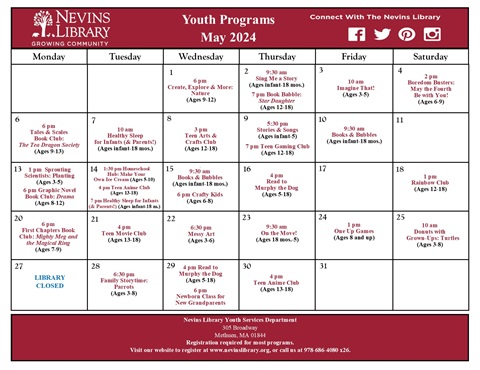 Screencap of May 2024 Youth Programs Calendar