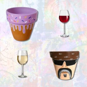 Pot painted as Ice cream, glass of red wine, glass of white wine, and flower pot painted as biker dude all on a light painted background