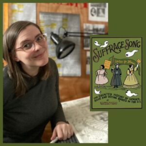 Picture of Caitlin Cass next to her book Suffrage Song