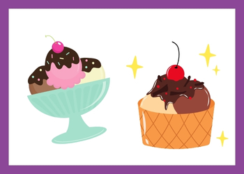 Two ice cream sundaes with cherries on top in a purple box
