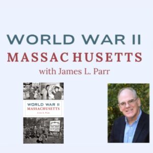 World War II Massachusetts book cover next to balding light skinned man in blue blazer
