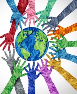Multicolored crinkled paper looking hands around a crinkled paper Earth
