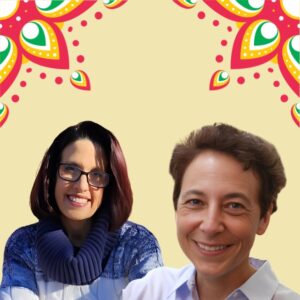 Two hispanic/latina women on a tan background with green and red decorations above them