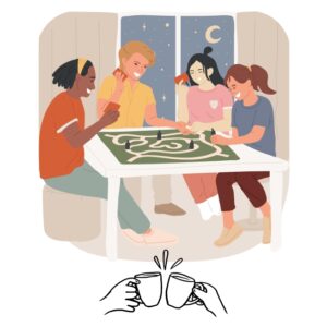 Group of people sitting around a board game with two hands clinking mugs below
