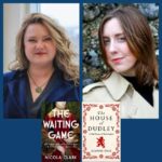 Light skinned blonde woman in a blue shirt above the inset picture of the novel "The Waiting Game" next to a light skinned brunette female in a tan coat above the inset picture of the novel "The House of Dudley"