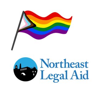 Waving in the wind pride flag above a shadowscape of city and the words Northeast Legal Aid