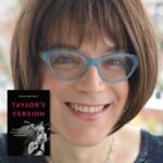 Light skinned short haired brunette with blue glasses and the book Taylor's Version next to her