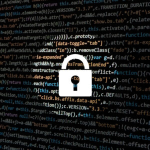 Computer code on a black background with a white locked lock in the middle in a spotlight