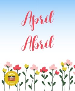 The words April and Abril over flowers