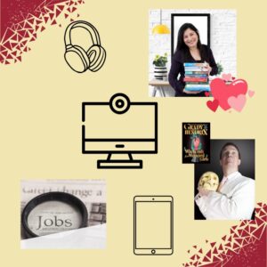 Various pictures and photos of light skinned women and books along with vector graphics of electronics