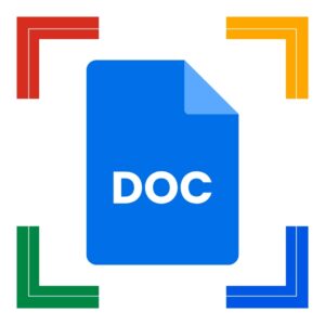 Blue Doc symbol in the middle of a broken red, yellow, green, and blue square