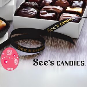 A chocolate and caramel candy on a plate on the left with a box of various chocolate candies to its right and below both a pink easter egg and the words See's Candies