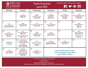 Screencap of April 2025 Youth Programs Calendar