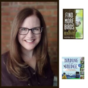 Picture of a light skinned brunette wearing glasses next to two book covers