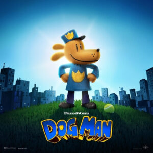 Animated Dog in a police uniform standing on a hill next to a tennis ball with the words Dog Man under him