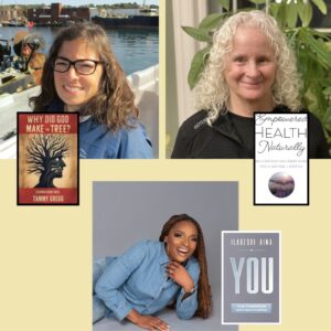 Individual Pictures of two light skinned women and one dark skinned woman with the books they've written next to them