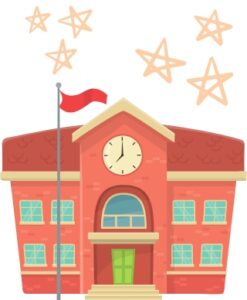 Red brick middle school with a clock at top, a red flag in front, and stars above