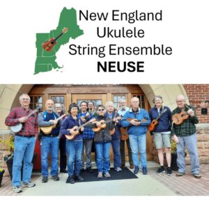 Group of people in jeans holding ukuleles in front of a brick building