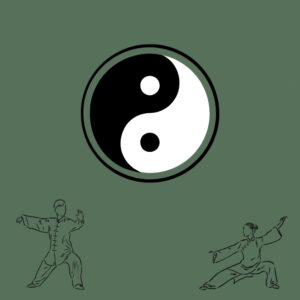 Yin Yang symbol in between two sketches of people doing tai chi