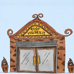 A large brown structure with clear doors and brown ice cream cones on either side with the sign Poop Museum at the top