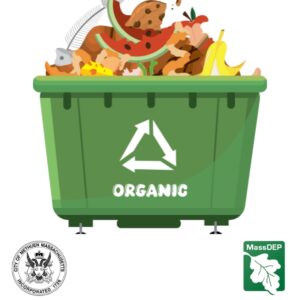 Green Organic bin filled with food waste and the word organics on the front