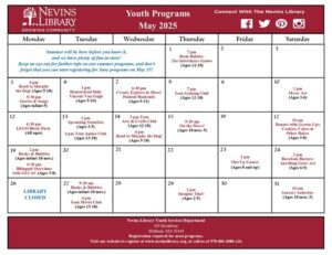 Screencap of May 2025 Youth Programs Calendar