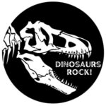 White t-rex head on a black background with the words dinosaurs rock written next to it