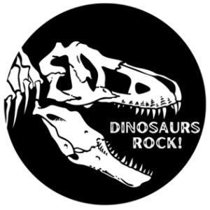 White t-rex head on a black background with the words dinosaurs rock written next to it
